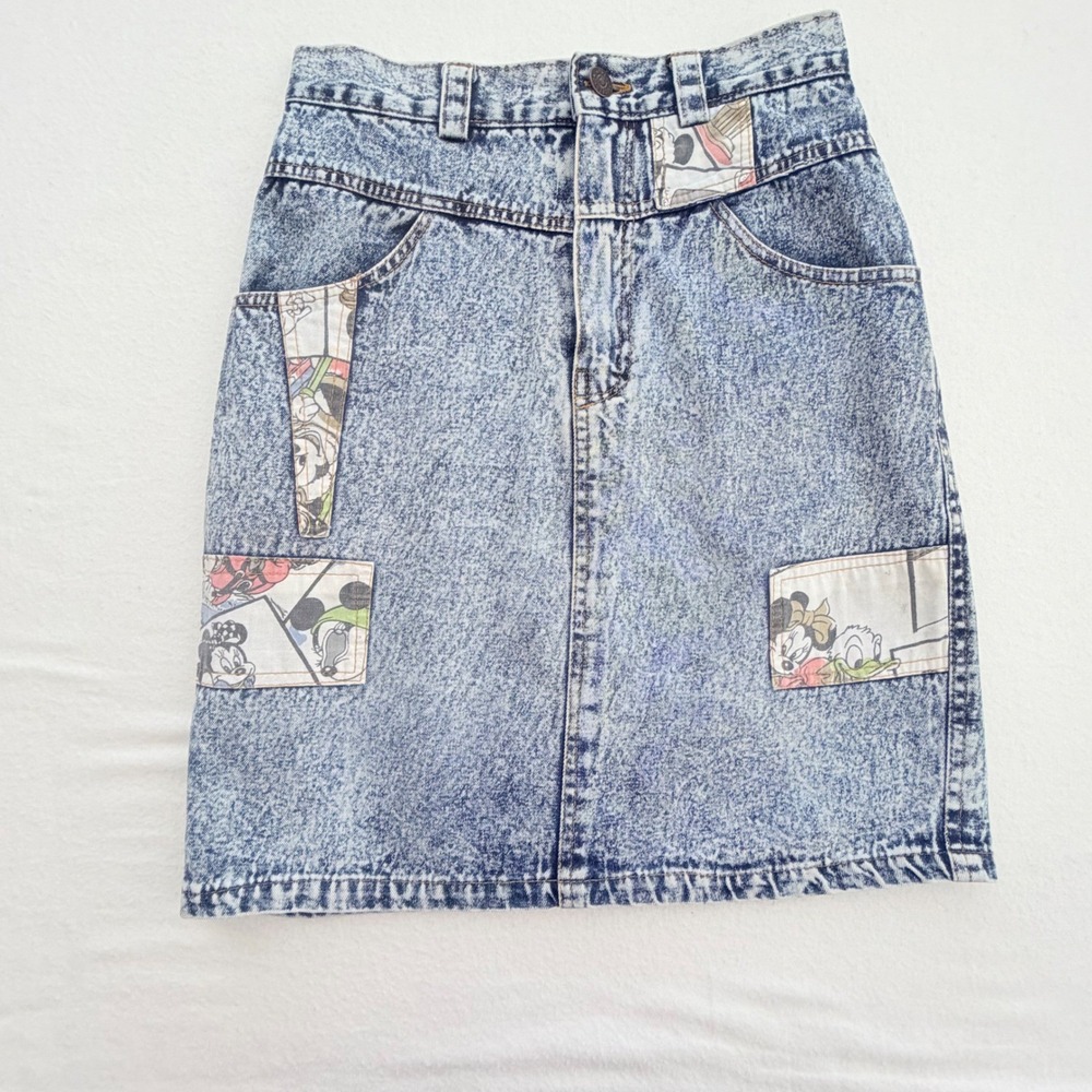 Vintage 90s Get Used by Elie x Disney Mickey Minnie Acid Wash Denim Skirt 25W